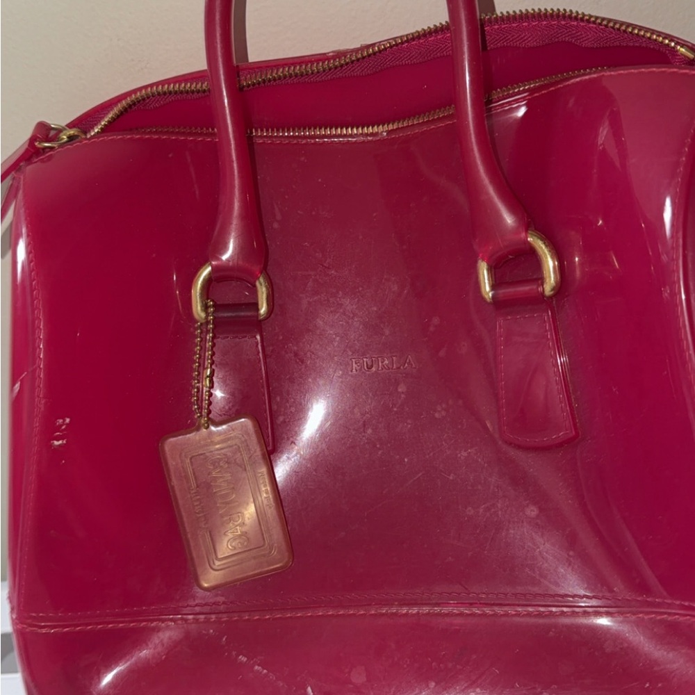 Furla Hot Pink Patent Leather Satchel with Gold Hardware